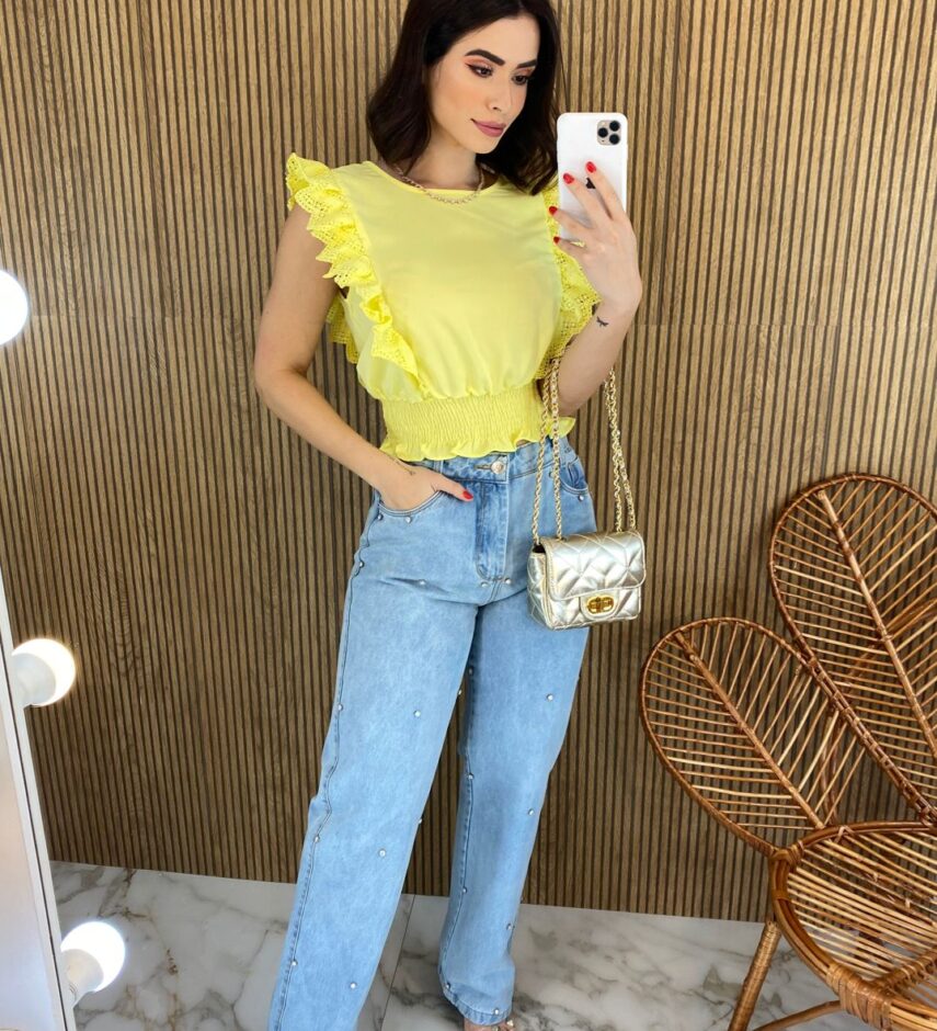 Cropped Feminino Babados em Guipir Amarelo - Fernanda Ramos Store