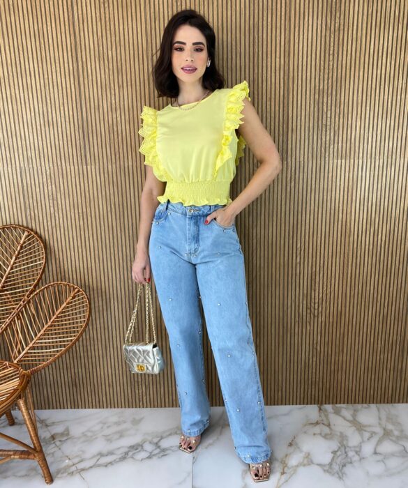 Cropped Feminino Babados em Guipir Amarelo - Fernanda Ramos Store