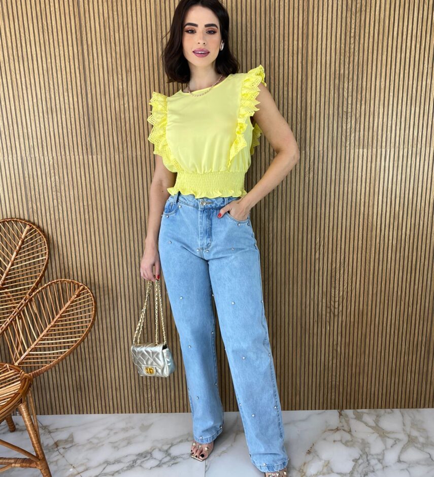 Cropped Feminino Babados em Guipir Amarelo - Fernanda Ramos Store