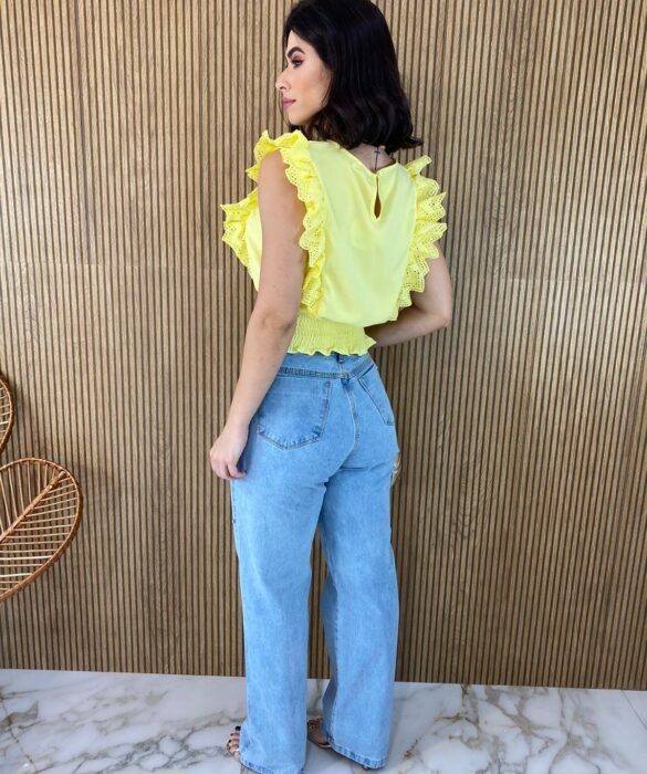 Cropped Feminino Babados em Guipir Amarelo - Fernanda Ramos Store