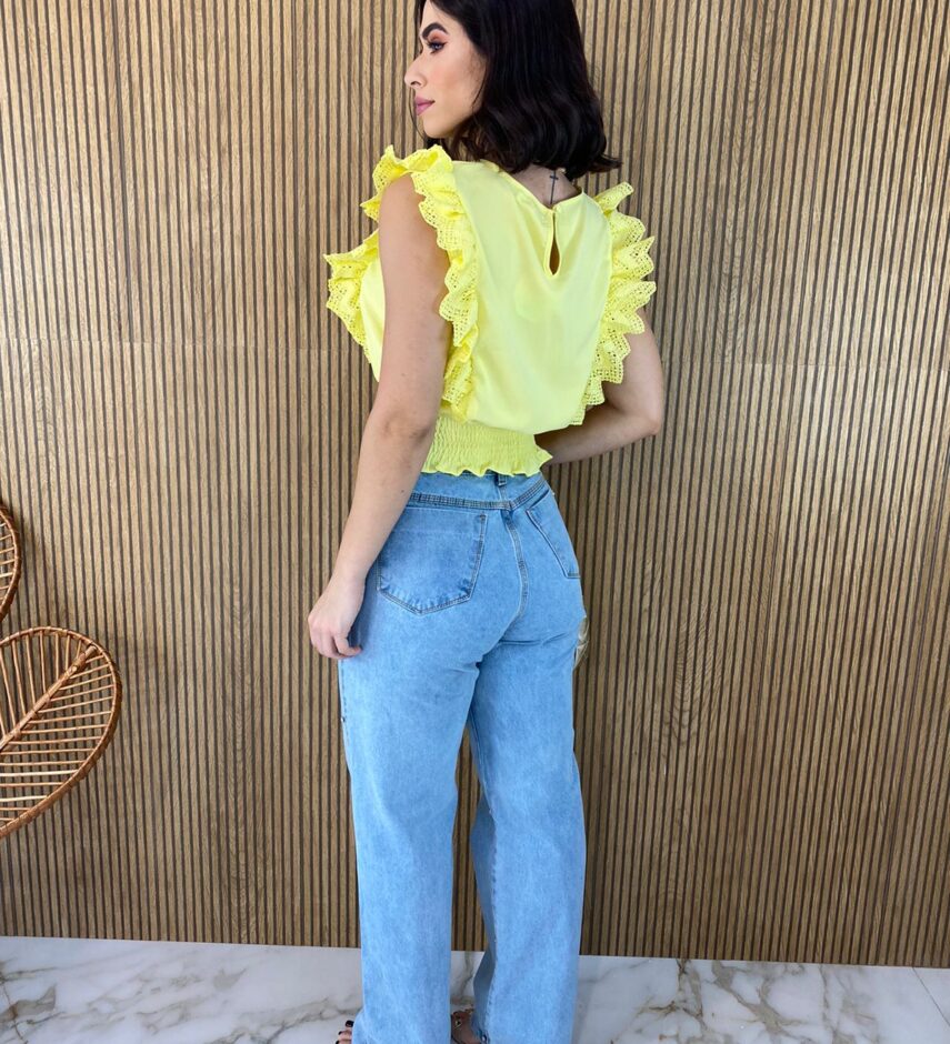 Cropped Feminino Babados em Guipir Amarelo - Fernanda Ramos Store