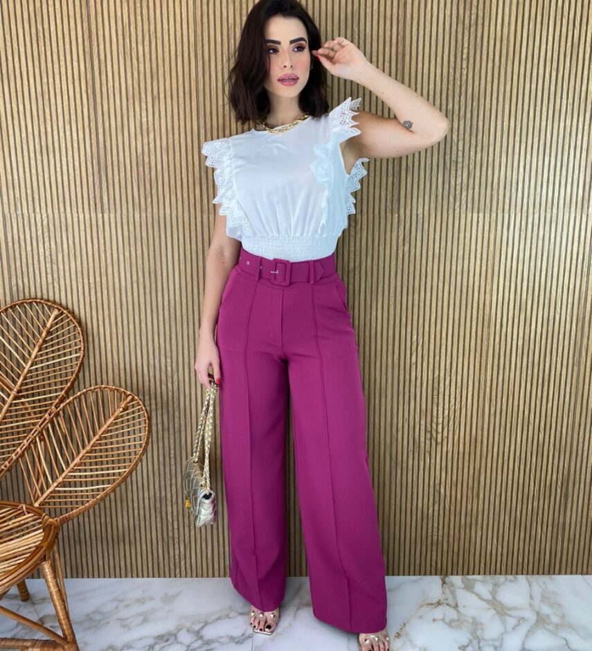 Cropped Feminino Babados em Guipir Branco - Fernanda Ramos Store