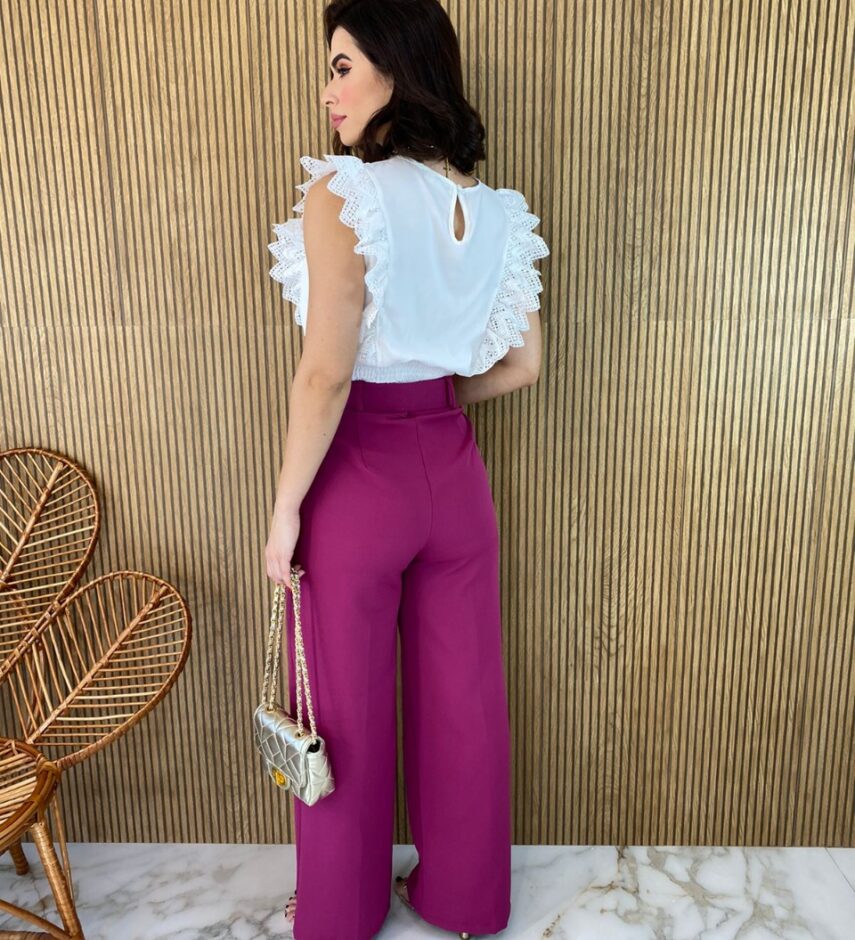 Cropped Feminino Babados em Guipir Branco - Fernanda Ramos Store