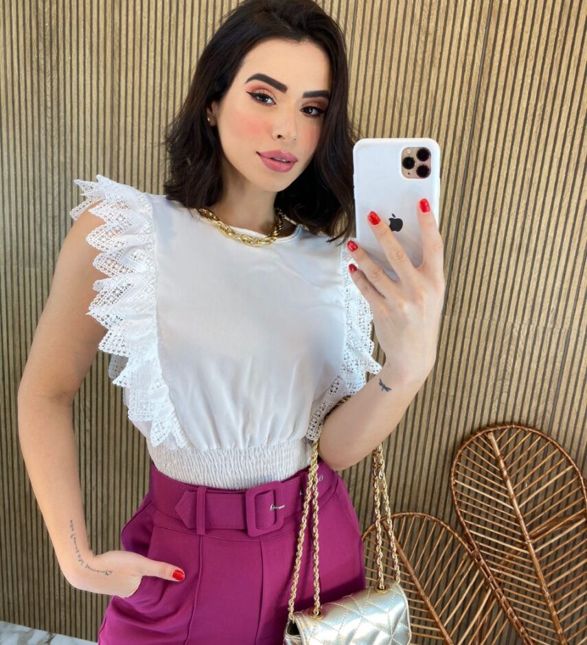 Cropped Feminino Babados em Guipir Branco - Fernanda Ramos Store