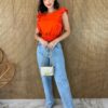 Cropped Feminino Babados em Guipir Coral - Fernanda Ramos Store