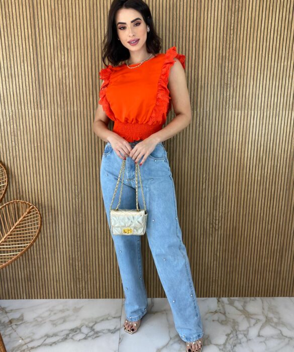 Cropped Feminino Babados em Guipir Coral - Fernanda Ramos Store