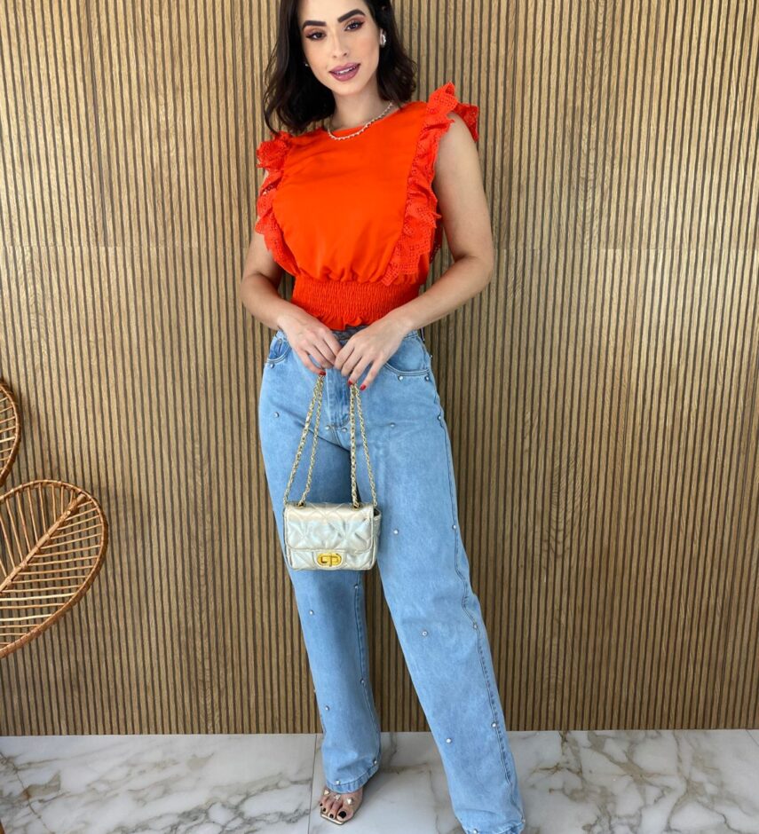 Cropped Feminino Babados em Guipir Coral - Fernanda Ramos Store
