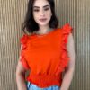 Cropped Feminino Babados em Guipir Coral - Fernanda Ramos Store