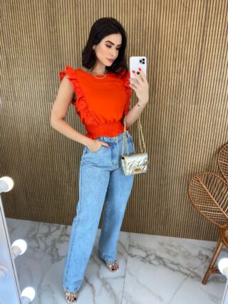 Cropped Feminino Babados em Guipir Coral - Fernanda Ramos Store