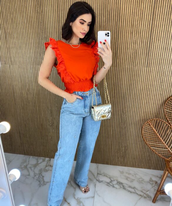 Cropped Feminino Babados em Guipir Coral - Fernanda Ramos Store