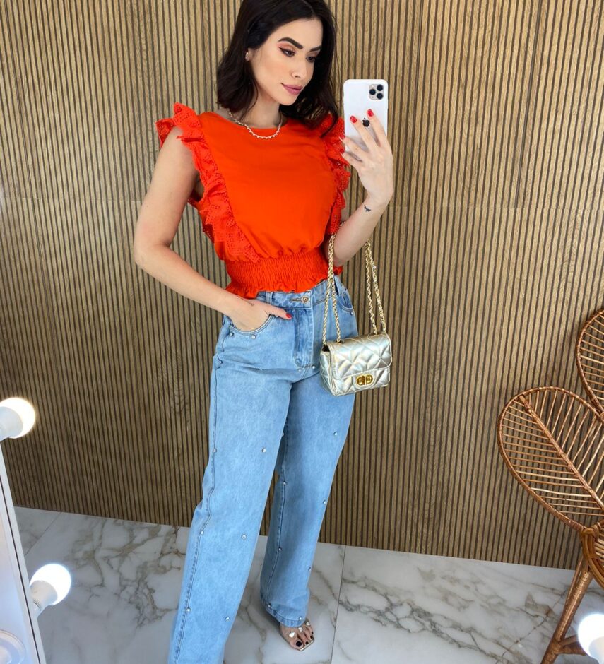 Cropped Feminino Babados em Guipir Coral - Fernanda Ramos Store