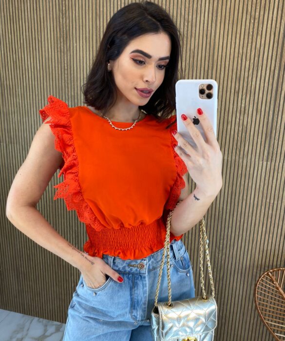 Cropped Feminino Babados em Guipir Coral - Fernanda Ramos Store