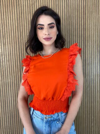 Cropped Feminino Babados em Guipir Coral - Fernanda Ramos Store