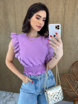 Cropped Feminino Babados em Guipir Lilás - Fernanda Ramos Store