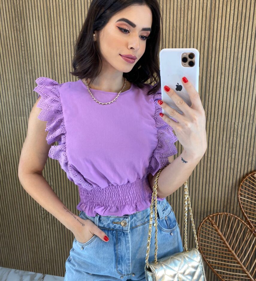 Cropped Feminino Babados em Guipir Lilás - Fernanda Ramos Store
