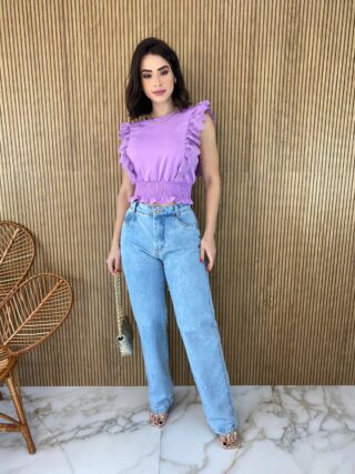 Cropped Feminino Babados em Guipir Lilás - Fernanda Ramos Store