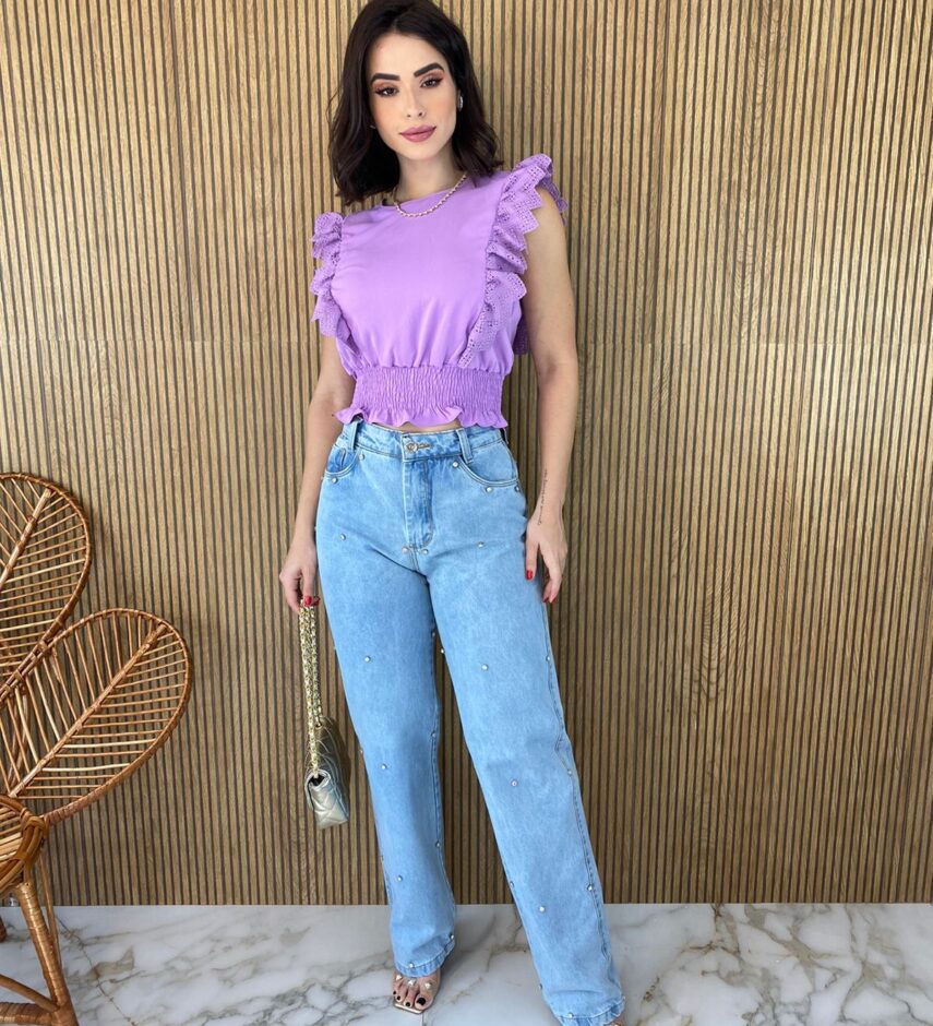 Cropped Feminino Babados em Guipir Lilás - Fernanda Ramos Store