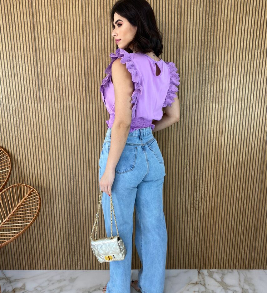 Cropped Feminino Babados em Guipir Lilás - Fernanda Ramos Store