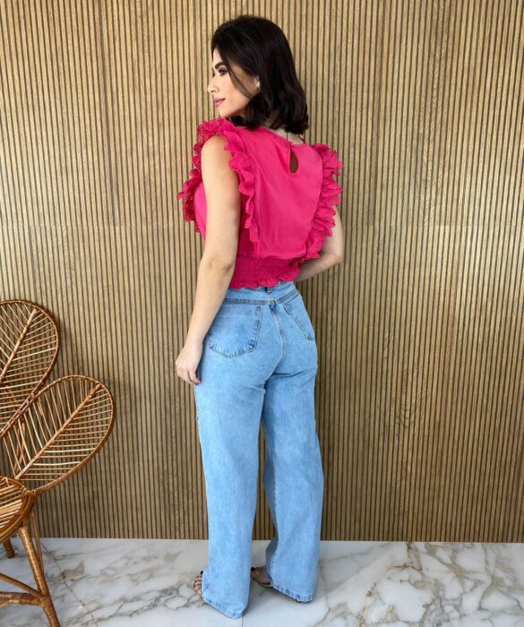 Cropped Feminino Babados em Guipir Pink - Fernanda Ramos Store