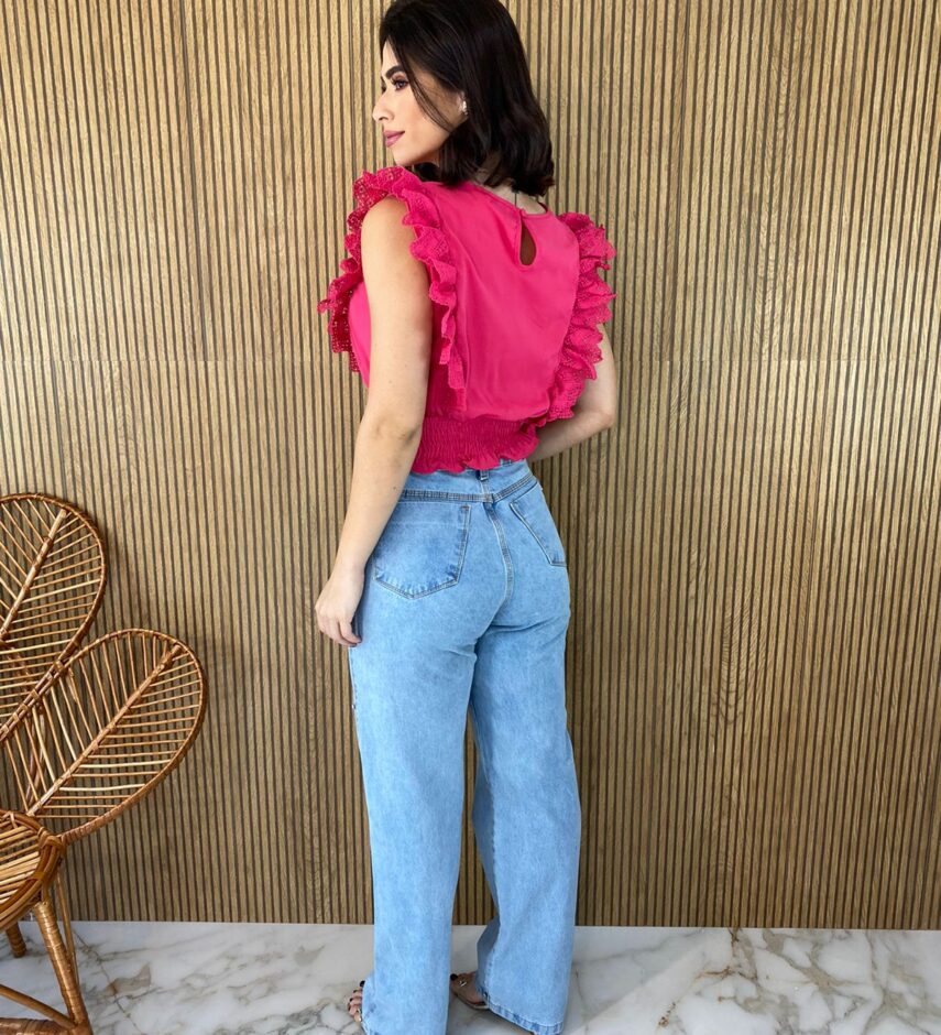 Cropped Feminino Babados em Guipir Pink - Fernanda Ramos Store