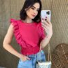 Cropped Feminino Babados em Guipir Pink - Fernanda Ramos Store