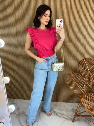 Cropped Feminino Babados em Guipir Pink - Fernanda Ramos Store