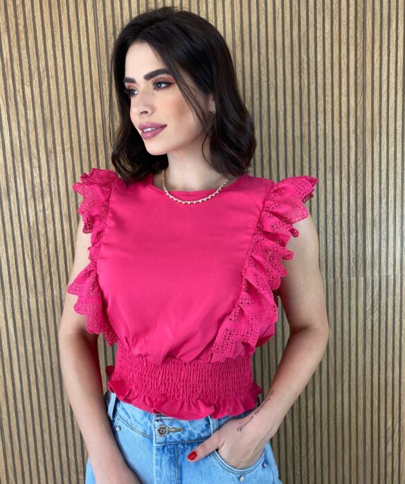 Cropped Feminino Babados em Guipir Pink - Fernanda Ramos Store