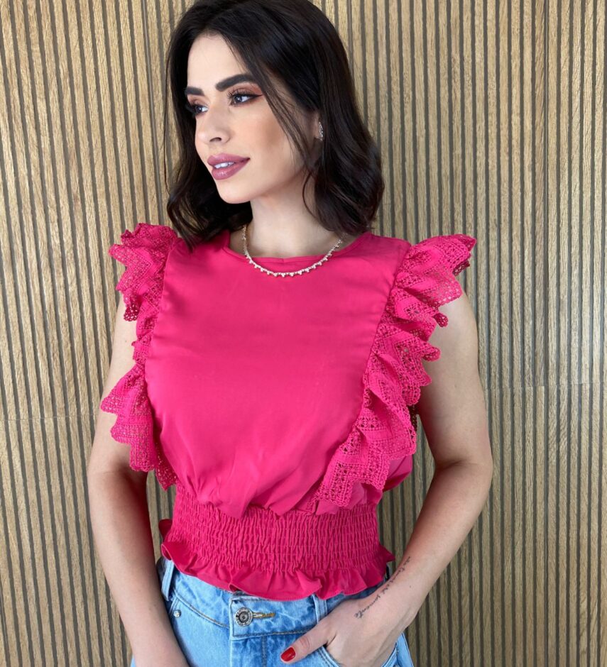 Cropped Feminino Babados em Guipir Pink - Fernanda Ramos Store