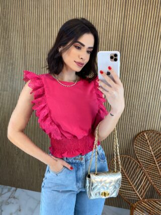 Cropped Feminino Babados em Guipir Pink - Fernanda Ramos Store