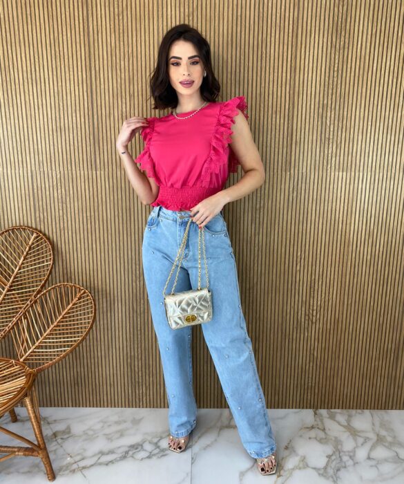 Cropped Feminino Babados em Guipir Pink - Fernanda Ramos Store