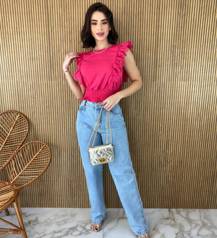 Cropped Feminino Babados em Guipir Pink - Fernanda Ramos Store