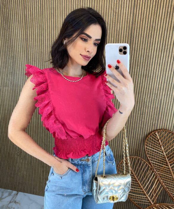 Cropped Feminino Babados em Guipir Pink - Fernanda Ramos Store