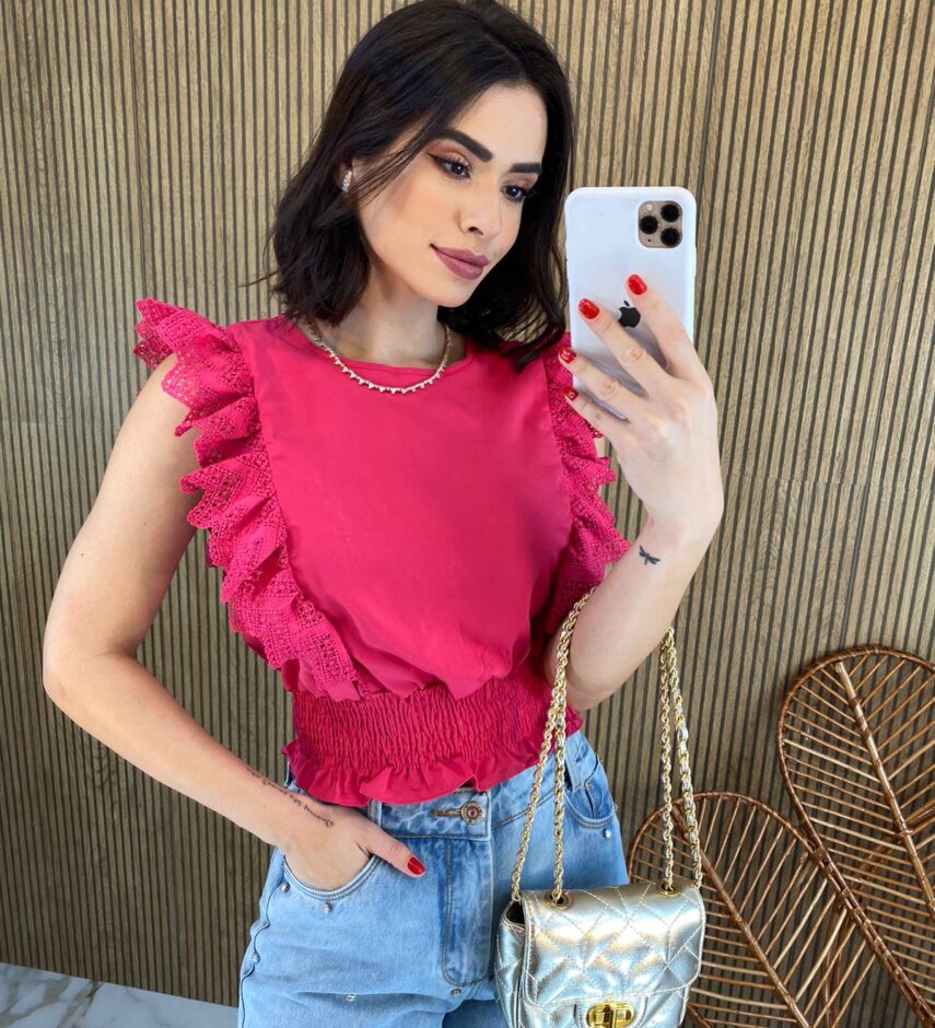 Cropped Feminino Babados em Guipir Pink - Fernanda Ramos Store