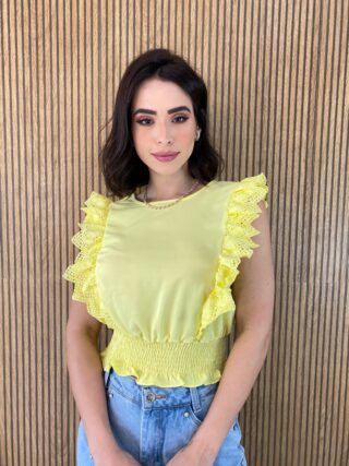 Cropped Feminino Babados em Guipir Amarelo - Fernanda Ramos Store