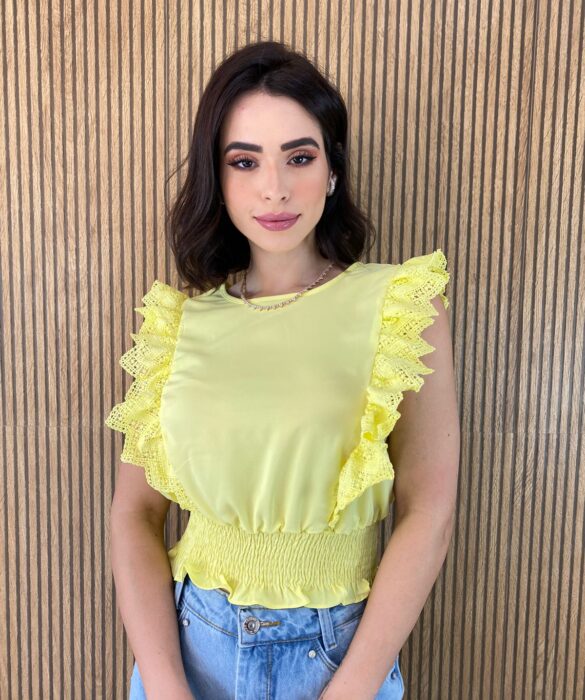 Cropped Feminino Babados em Guipir Amarelo - Fernanda Ramos Store