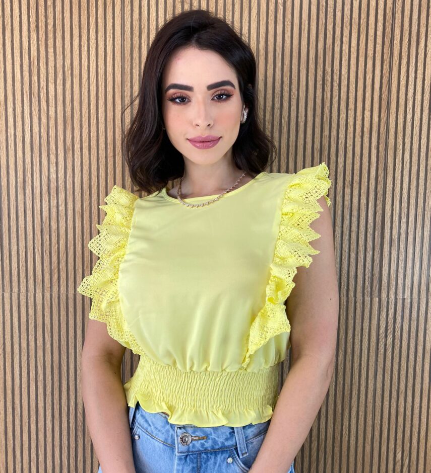Cropped Feminino Babados em Guipir Amarelo - Fernanda Ramos Store