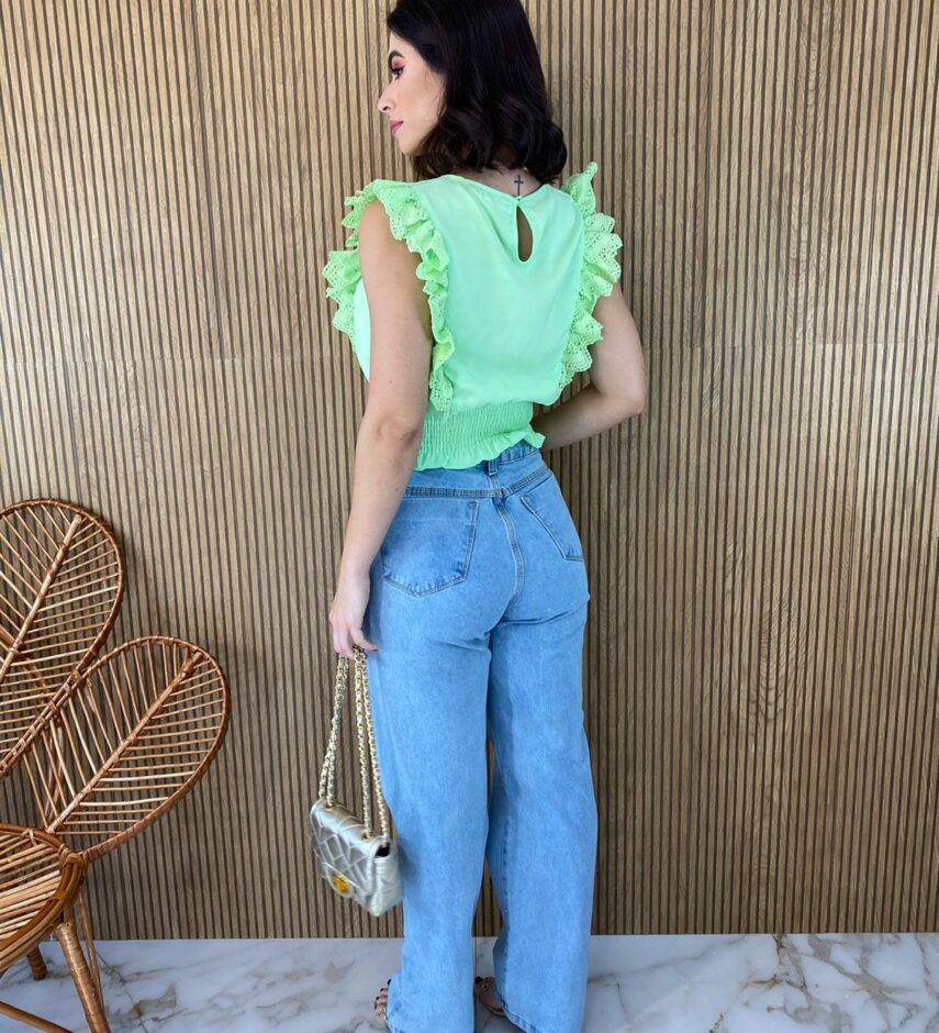 Cropped Feminino Babados em Guipir Verde - Fernanda Ramos Store