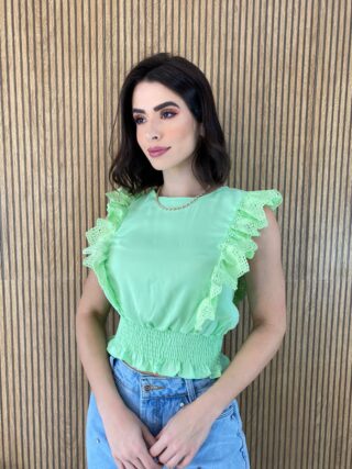 Cropped Feminino Babados em Guipir Verde - Fernanda Ramos Store