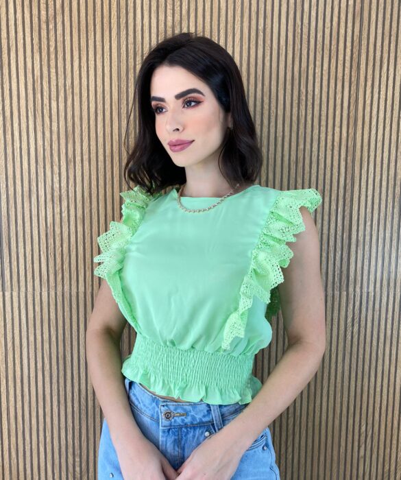 Cropped Feminino Babados em Guipir Verde - Fernanda Ramos Store