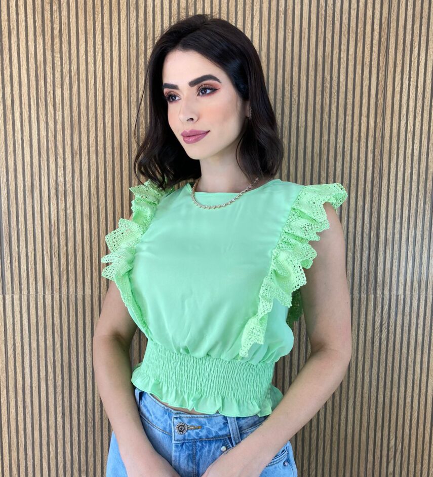 Cropped Feminino Babados em Guipir Verde - Fernanda Ramos Store