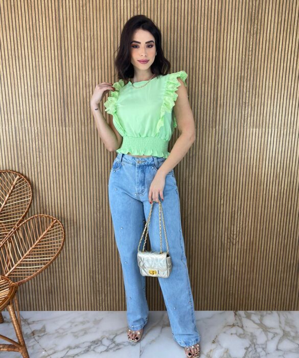 Cropped Feminino Babados em Guipir Verde - Fernanda Ramos Store