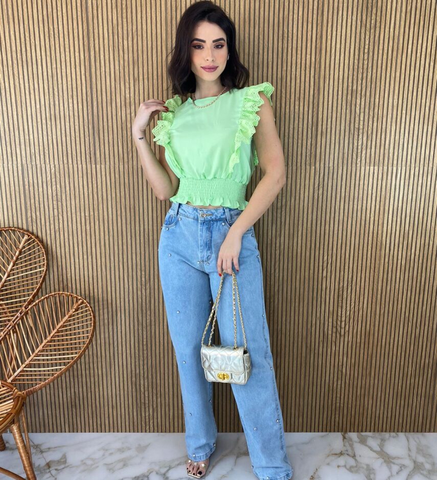 Cropped Feminino Babados em Guipir Verde - Fernanda Ramos Store