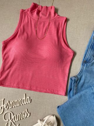 Cropped Feminino Canelado com Bojo e Gola Rosa - Fernanda Ramos Store