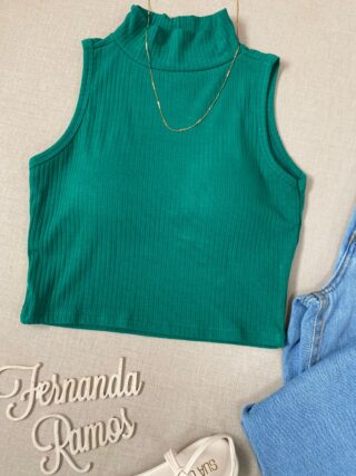 Cropped Feminino Canelado com Bojo e Gola Verde - Fernanda Ramos Store