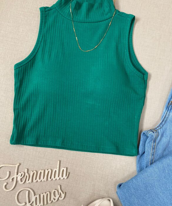 Cropped Feminino Canelado com Bojo e Gola Verde - Fernanda Ramos Store