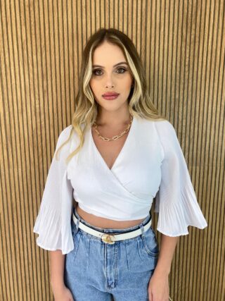 Cropped Feminino com Bojo Manga Plissada Branco - Fernanda Ramos Store