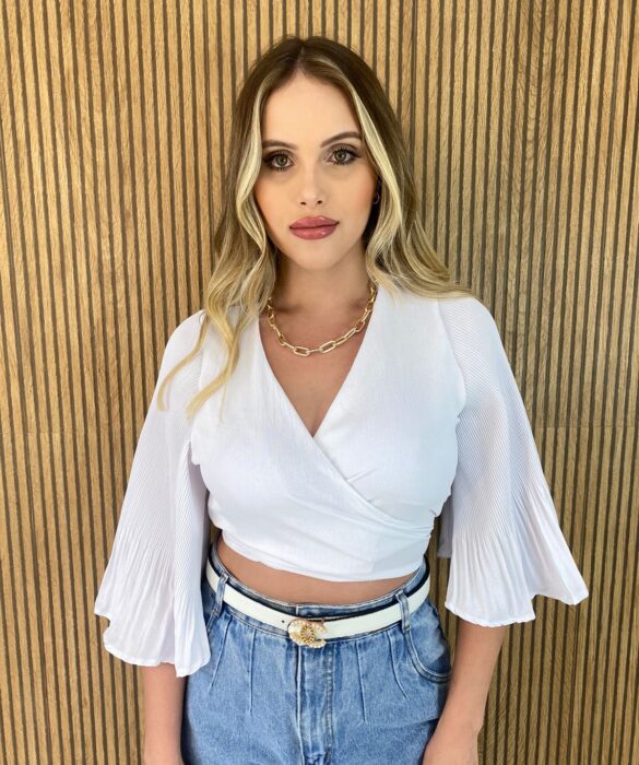 Cropped Feminino com Bojo Manga Plissada Branco - Fernanda Ramos Store