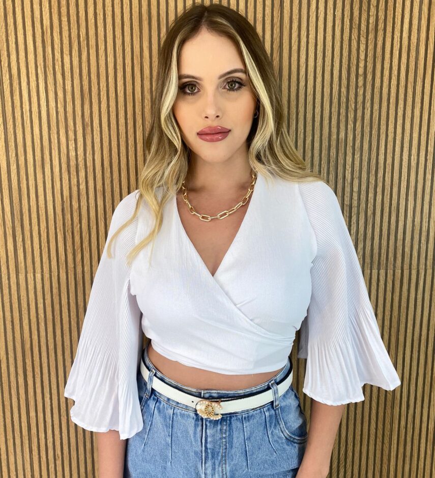 Cropped Feminino com Bojo Manga Plissada Branco - Fernanda Ramos Store