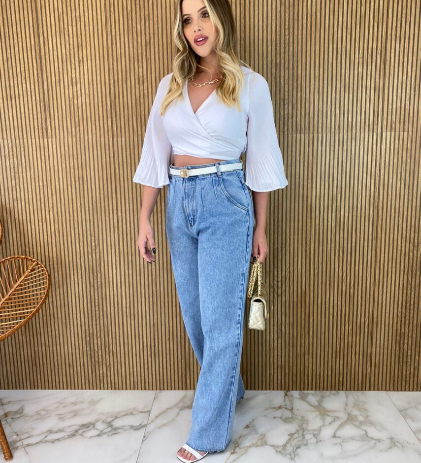 Cropped Feminino com Bojo Manga Plissada Branco - Fernanda Ramos Store