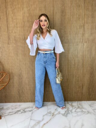 Cropped Feminino com Bojo Manga Plissada Branco - Fernanda Ramos Store